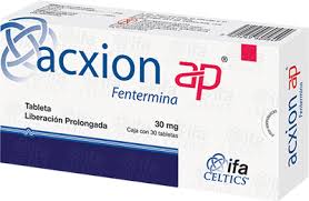 Acxion AP Fentermina caja c/ 30 tabletas de liberación prolongada de 30 mg