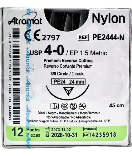Sutura Nylon Atramat reverso cortante 45cm calibre 4-0